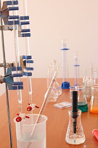 laboratoř, chemii, předměty, chemická látka, láhev, reagovat, sloučeniny