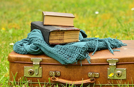 luggage, leather suitcase, old, books, nostalgia, read, used