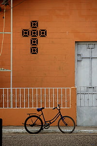 cruz, church, religion, temple, bicycle, street, urban Scene