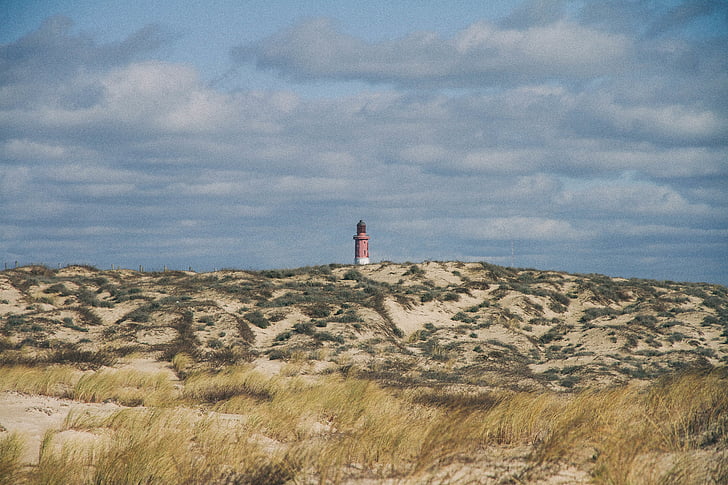 red, lighthouse, green, white, sand, daytime, blue
