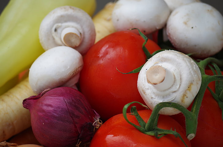 sebze, çeşitli, sağlıklı, domates, mantar, kırmızı biber, yaban havucu