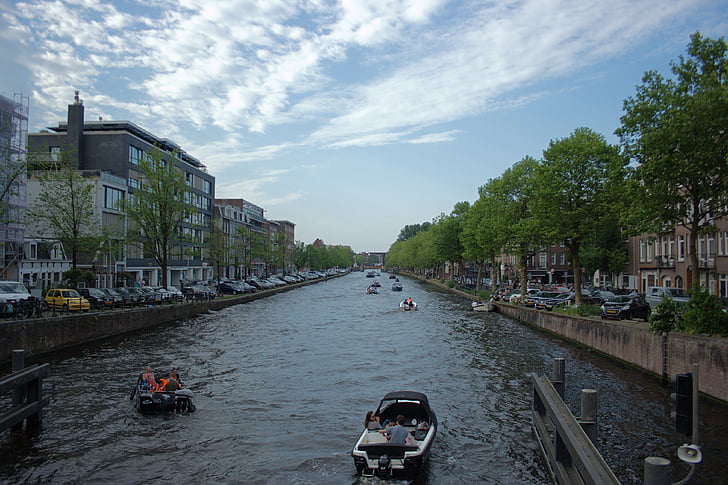 canal, agua, cielo, azul, Países Bajos, barco, verde
