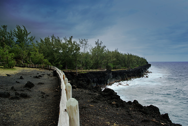 Pulau Reunion, lava, laut, langit, pohon, laut, biru