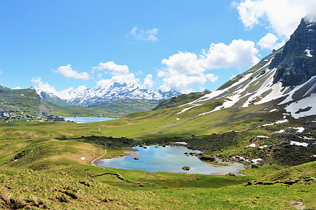 Svizzera, montagne, neve, Lago, montuoso, cielo, blu