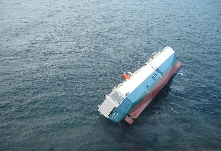 ship, capsized, listing, turned over, sea, ocean, water