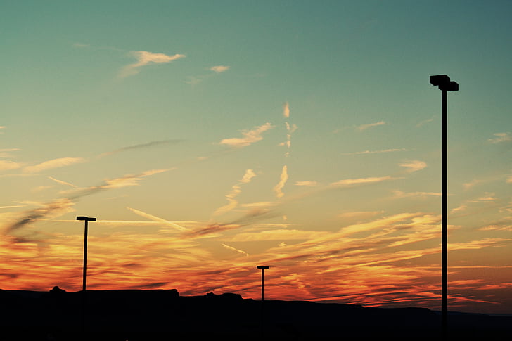 silueta, Exponer, nublado, cielo, puesta de sol, postes de la lámpara, al atardecer