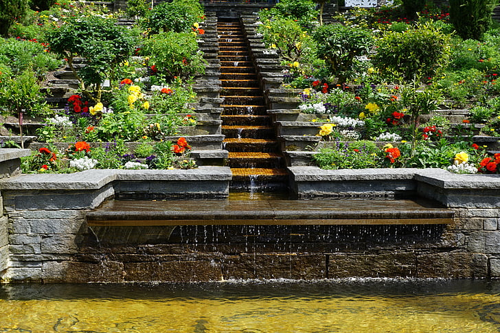 garden, water, fountain, nature, flowers, staircase