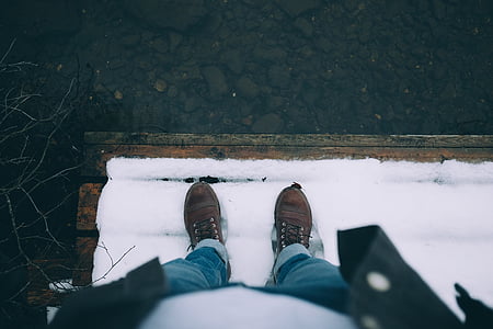 sne, vinter, læder, sko, jeans, rejse, udendørs