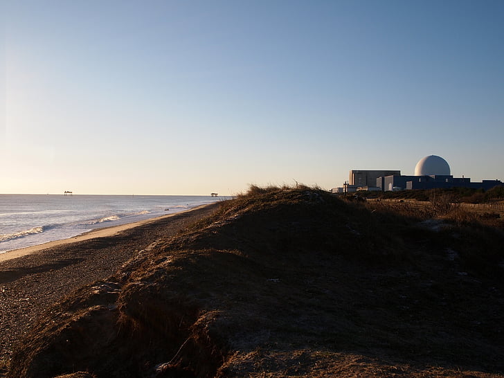 kodolenerģijas, jauda, pludmale, Suffolk, no rīta