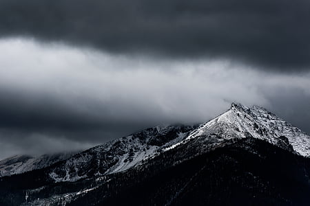 escala de grisos, fotos, muntanya, fosc, núvol, cel, boira