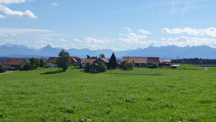 Allgäu, Berge, Dorf, Wiese, Sonne, Panorama, Outlook