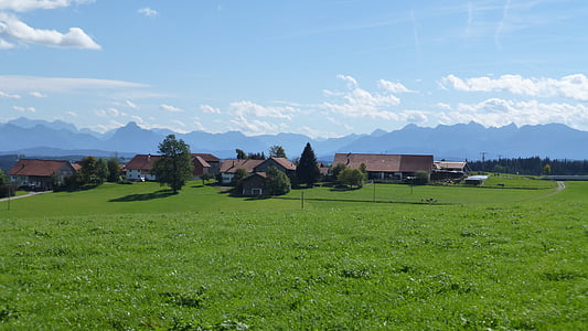 Allgäu, hory, Village, lúka, slnko, Panorama, Outlook