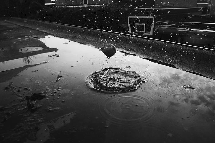 basketball, black and-white, court, dark, dirty, droplets, flooded