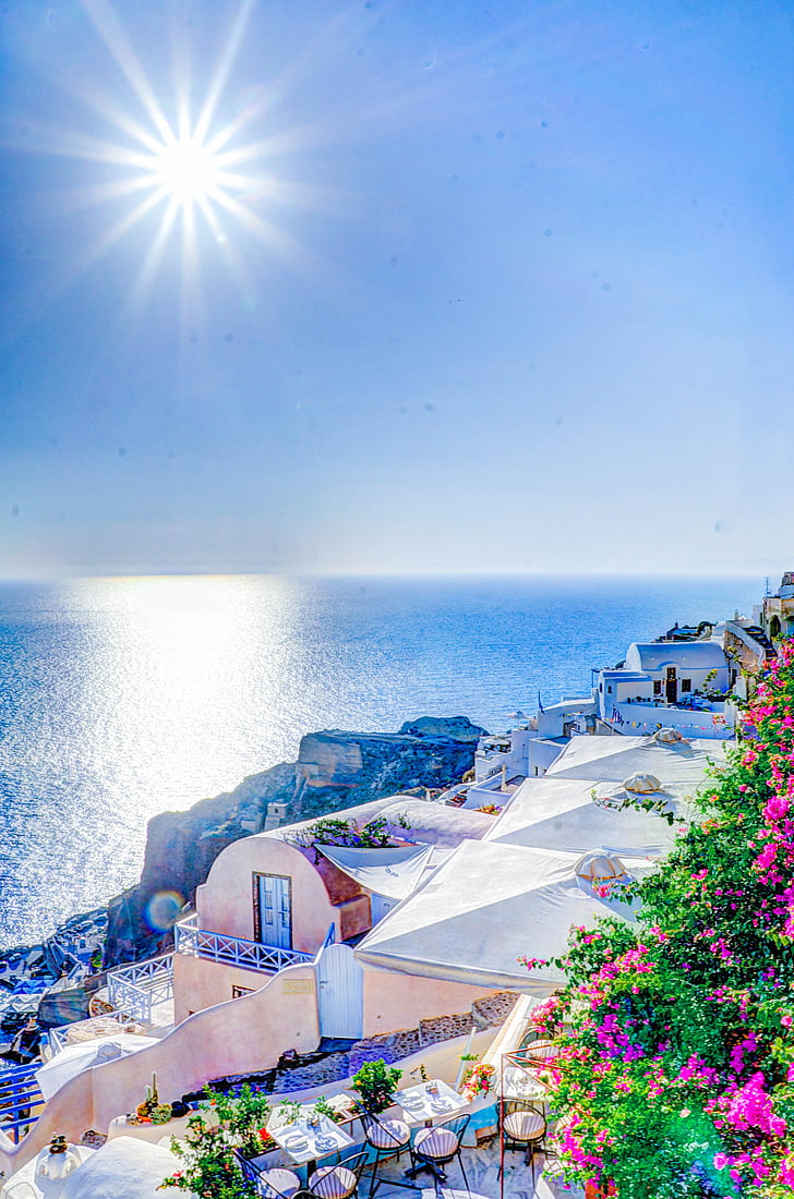 Oia, Santorini, musim panas, Yunani, Pulau, laut, Aegean