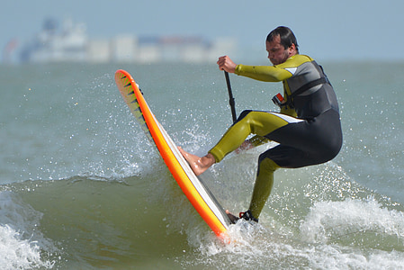 surfeur, vagues, homme, gens, mer, action, Paddle