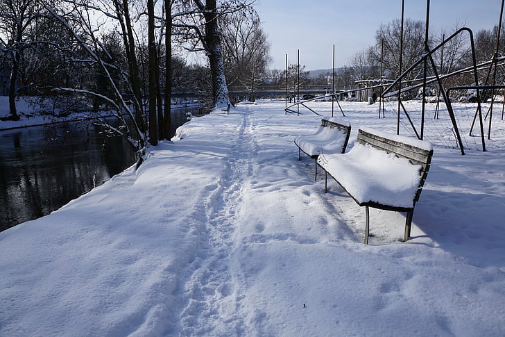 hó, téli, Bank, Duna, folyó, néma, Tuttlingen