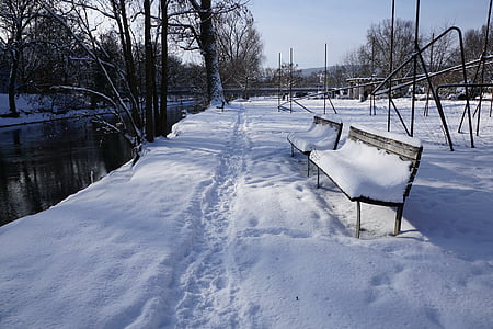 śnieg, zimowe, Bank, Dunaj, Rzeka, cichy, Tuttlingen