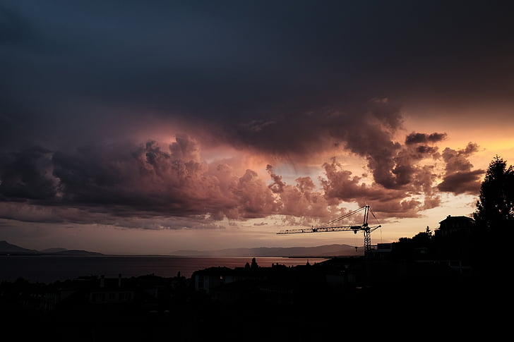 silhouette, photo, crane, cloud, sky, sunset, cloud - sky
