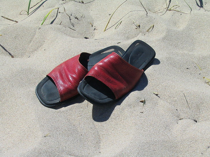 sandales, pludmale, smilts, vasaras, apavi, sarkana, kurpes