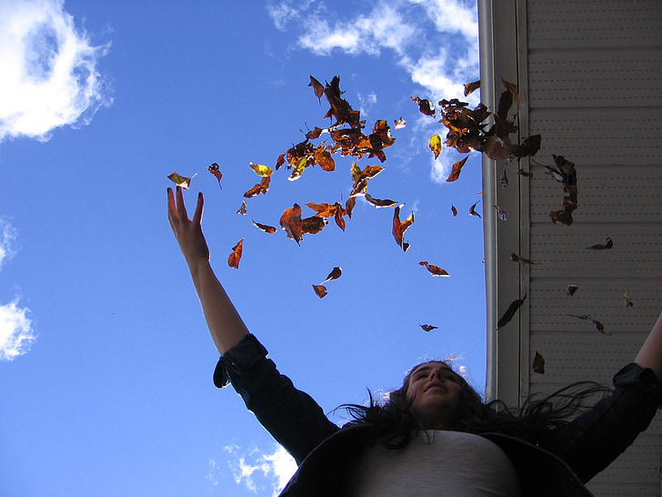 leaves, autumn, fall, throw, happy, girl, woman