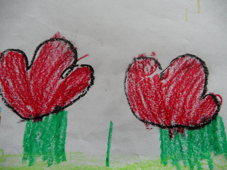 kukat, Lasten piirustuksen, punaiset kukat, lapsi, maalaus, piirustus, maalattu