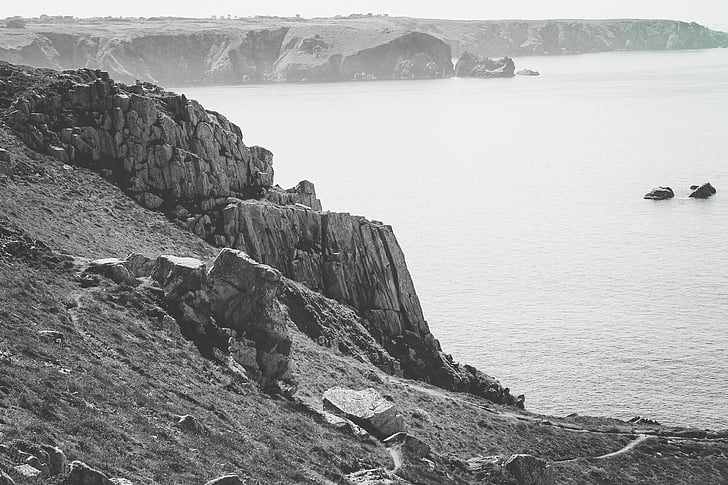 gråtoneskala, Foto, Rock, i nærheden af, havet, sort og hvid, sti