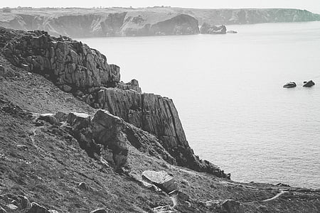 grayscale, photo, rock, near, sea, black and white, path