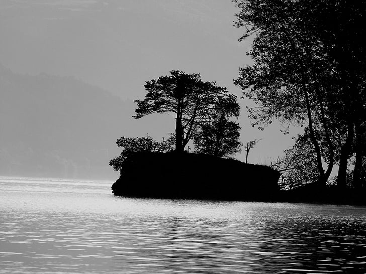 landscape, nature, black and white, against day, water, lake, reflections