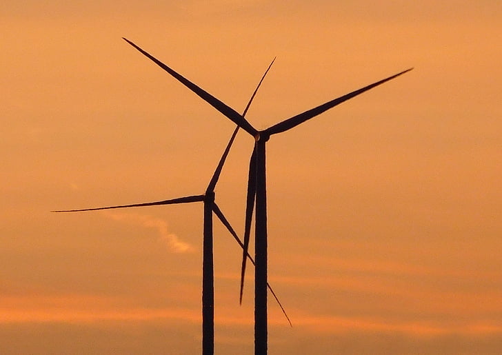 windräder, Sunset, vindenergi, vindkraft, aftenhimmel, vedvarende energi, energi-revolution