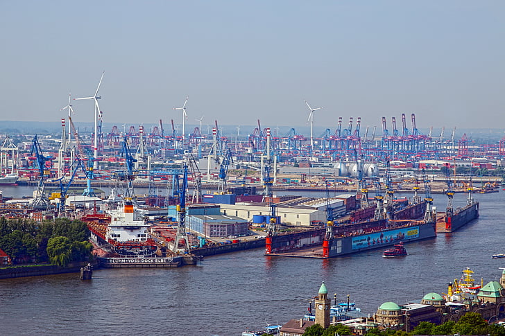 hamburg, port, cranes, dock, docks, germany, landungsbrücken