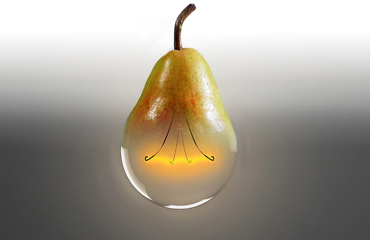pear, light bulb, bioglühbirne, idea, genetic modification, light, studio shot
