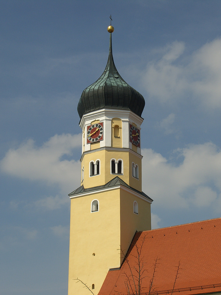 cerkev, zvonik, turnuhr, čebula streho, katoliški