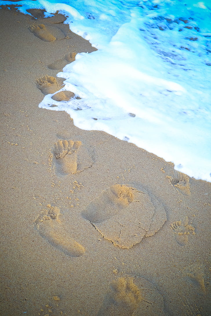homok, Beach, lábnyomok, Fénykép, hullámok, Mar, nap