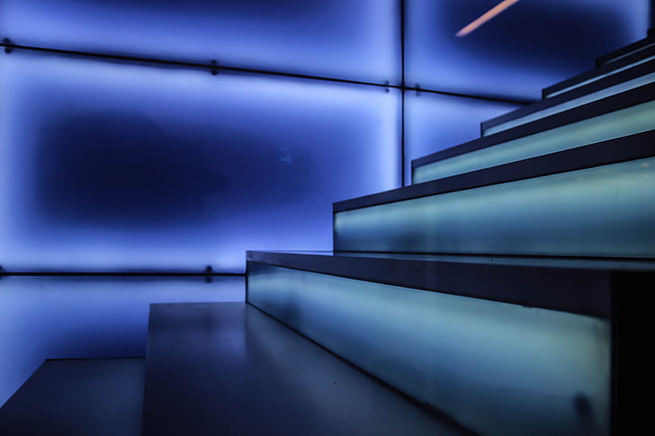 lépcsők, fokozatosan, kék, fény, lichtspiel, építészet, modern