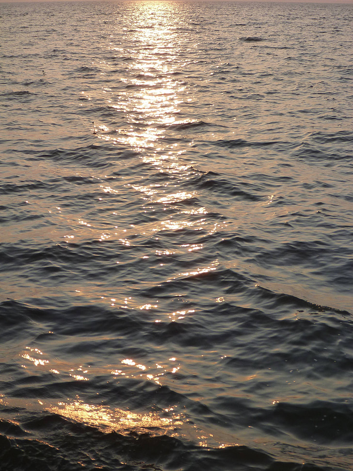 puesta de sol, mar, agua, ondas, calma, reflexiones, ondas