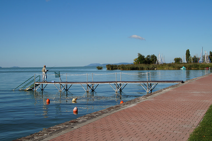 Lac, Balaton, Pier, passerelle, pêcheur, pêche, poisson