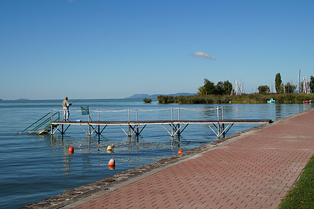 Lago, Balaton, cais, ponte pedonal, pescador, pesca, peixe