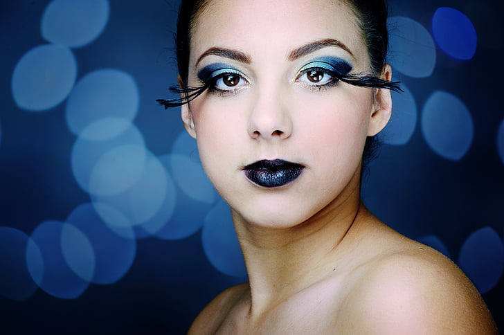 portrét, make-up, krása, móda, žena, samica, modrá