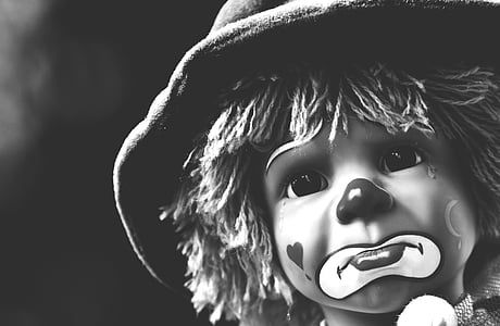 doll, clown, sad, black and white, sweet, funny, toys