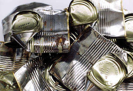tin can, cans, dented metal, tin, can, container, silver