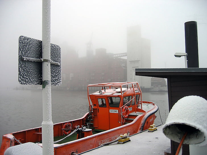Boot, vinter, dimma, hamn, röd, nautiska fartyg