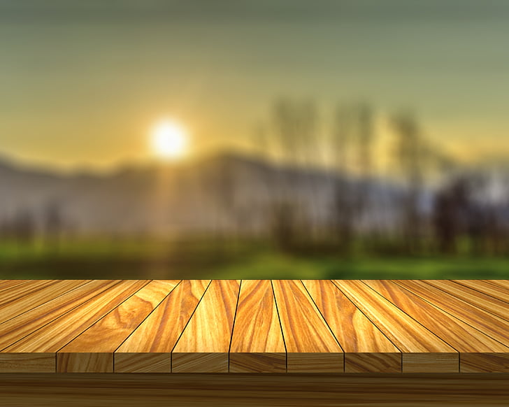 table, field, sunset, sun, wood, dining room, presentation