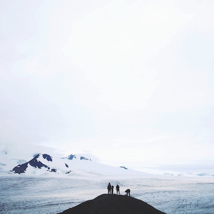 four, person, top, mound, snowfield, background, snow