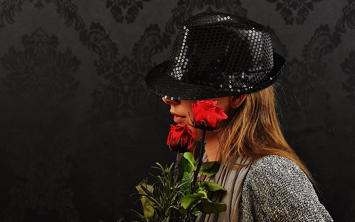 dona, barret, Roses, misteriós, moda, roba, moda