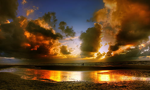 solnedgang, Danmark, sjøen, kysten, vann, kveldshimmelen, solen
