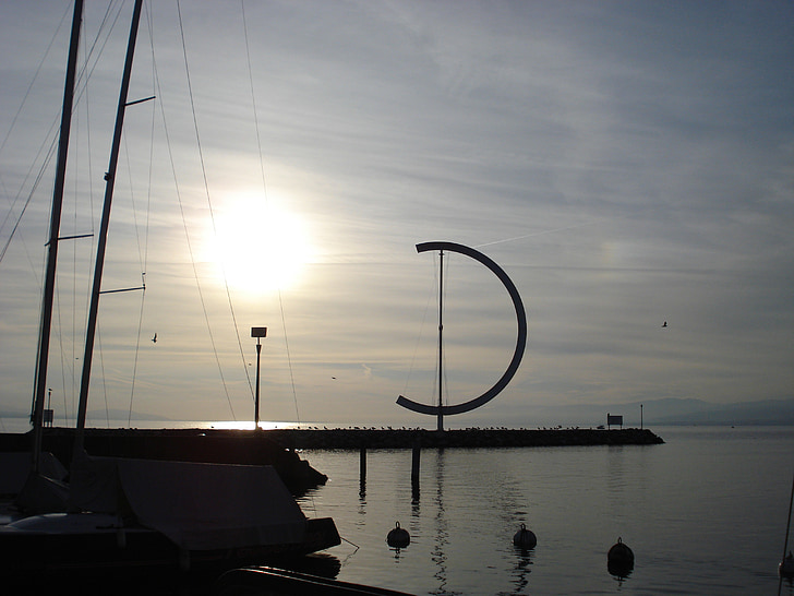 Větrná korouhvička, přístav, Ouchy, Lausanne, Ženevské jezero, slunce, Švýcarsko