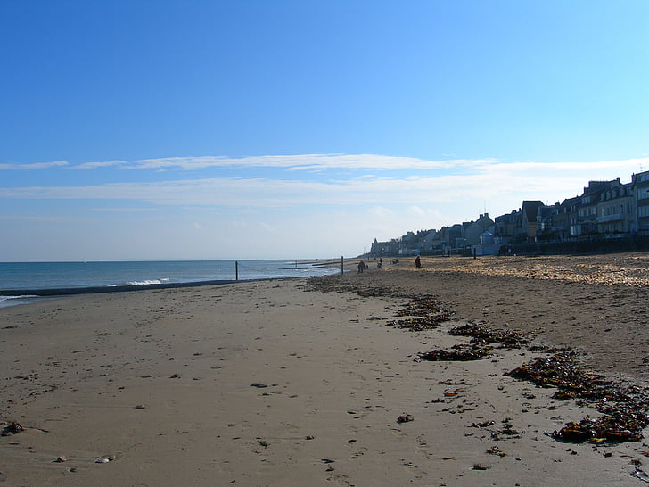 smėlio paplūdimys, Normandija, Prancūzija, kaimas, jūra, vandenyno, dumbliai