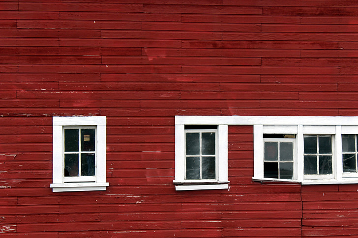 Windows, vermelho, celeiro, Branco, slats, tapume, lado