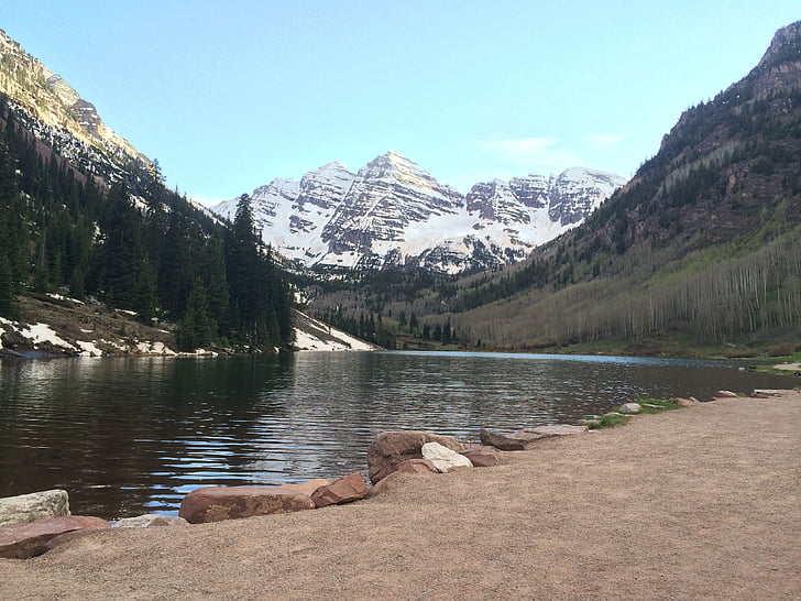 montañas, Maroon bells, Colorado, naturaleza, primavera, montaña, Lago