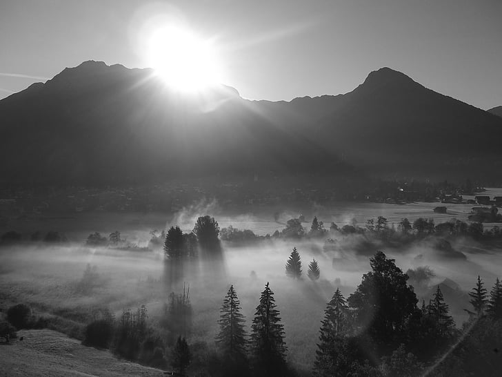 alpine, mountains, fog, oberstdorf, allgäu, foghorn, sunrise